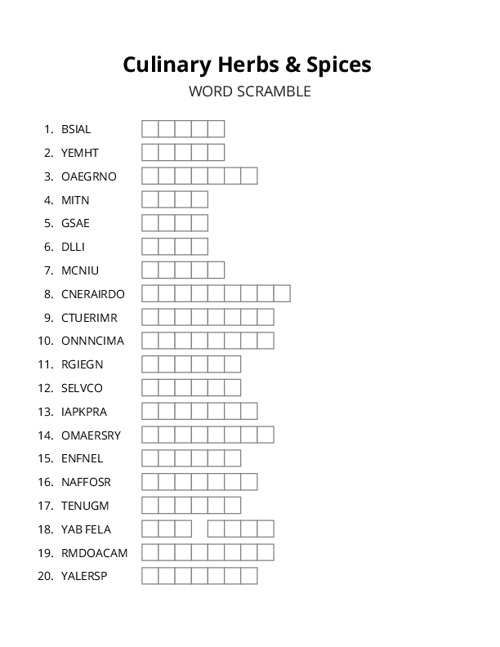 Culinary Herbs & Spices Word Scramble Puzzle