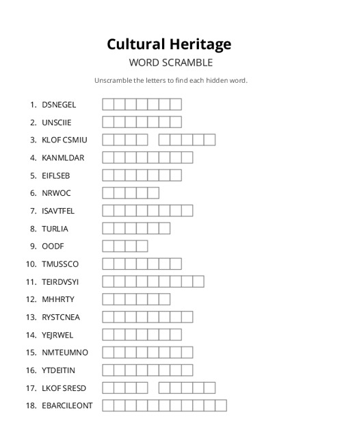 Cultural Heritage Word Scramble Puzzle