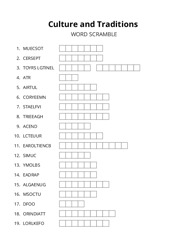 Culture and Traditions word scramble puzzle