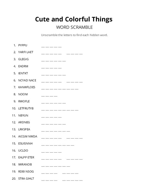 Cute and Colorful Things Word Scramble Puzzle