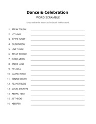 Dance & Celebration word scramble puzzle