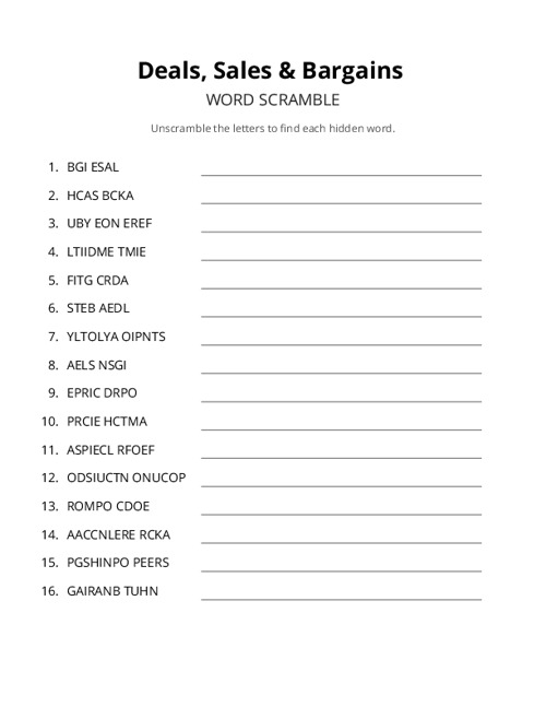 Deals, Sales & Bargains Word Scramble Puzzle