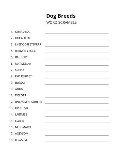 Dog Breeds Word Scramble Puzzle