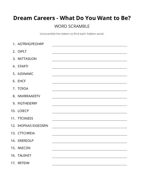 Dream Careers Word Scramble Puzzle