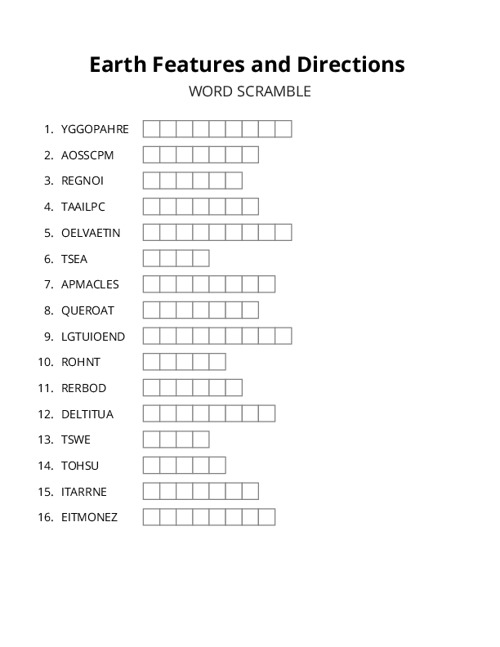 Earth Features and Directions Word Scramble Puzzle