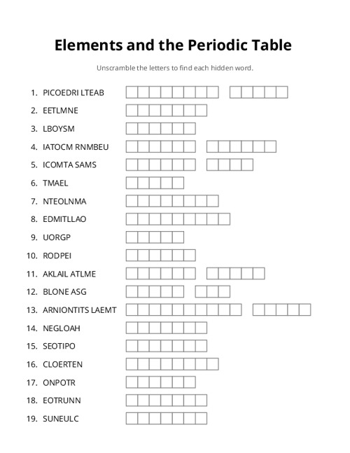 Elements and the Periodic Table Word Scramble Puzzle