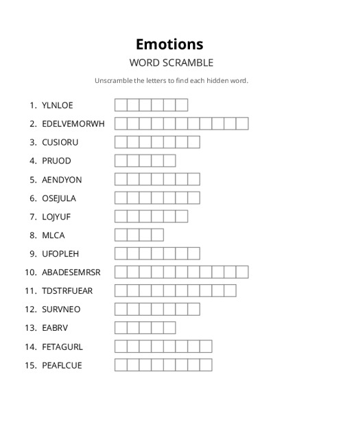 Emotions Word Scramble Puzzle