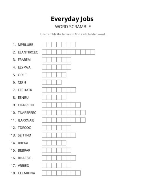 Everyday Jobs Word Scramble Puzzle