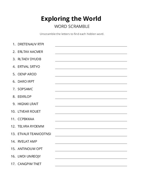 Exploring the World Word Scramble Puzzle