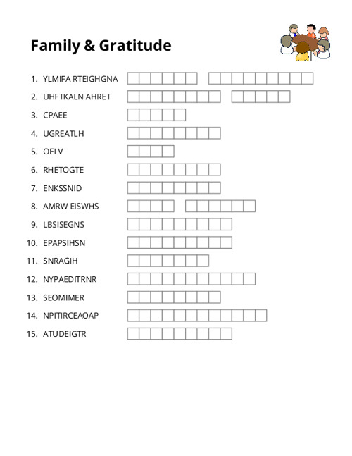Family & Gratitude Crossword Puzzle