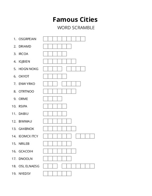Famous Cities Word Scramble Puzzle