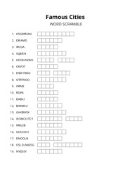 Famous Cities word scramble puzzle