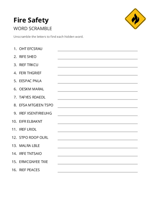 Fire Safety Word Scramble Puzzle