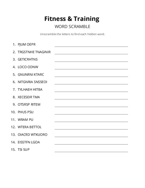 Fitness & Training Word Scramble Puzzle