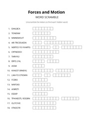 Forces and Motion word scramble puzzle
