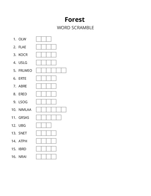 Forest Word Scramble Puzzle