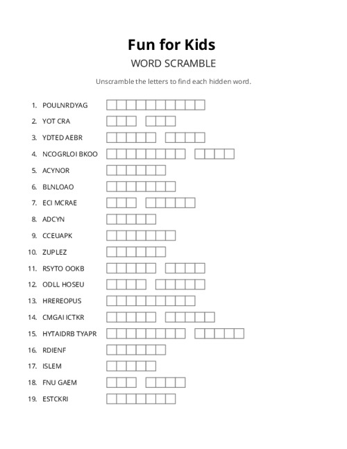 Fun for Kids Word Scramble Puzzle