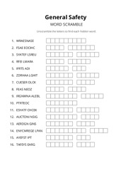 General Safety word scramble puzzle