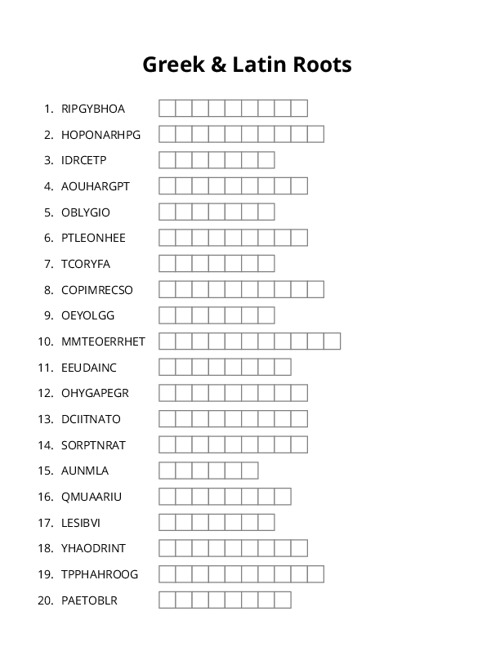 Greek & Latin Roots Word Scramble Puzzle