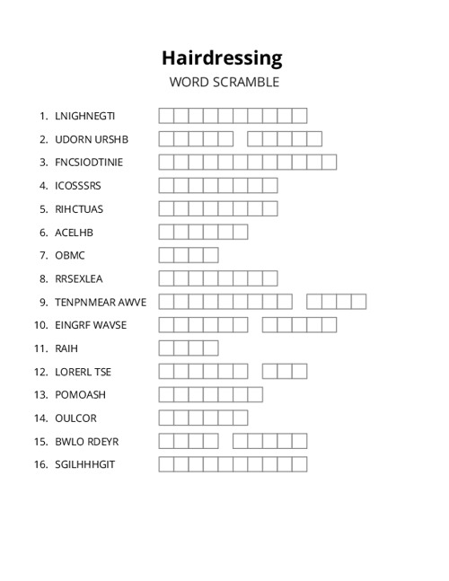 Hairdressing Word Scramble Puzzle