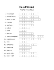 Hairdressing word scramble puzzle