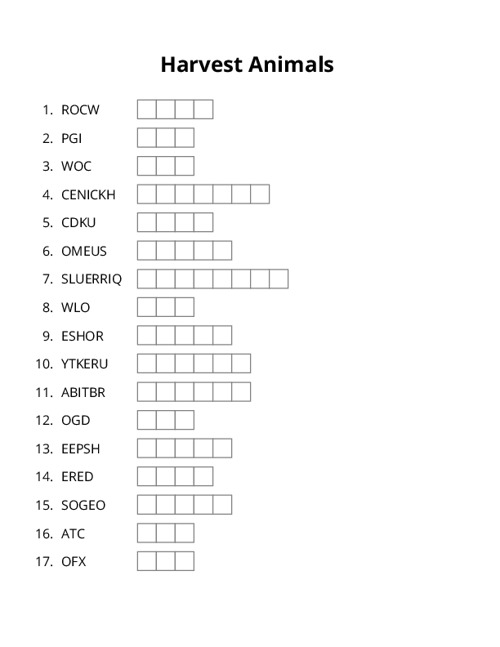 Harvest Animals Word Scramble Puzzle