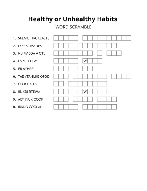 Healthy or Unhealthy Habits Word Scramble Puzzle