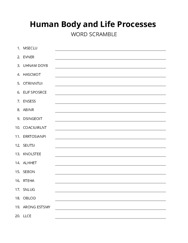 Human Body and Life Processes word scramble puzzle