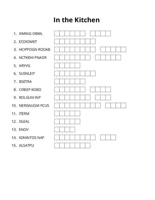 In the Kitchen Word Scramble Puzzle