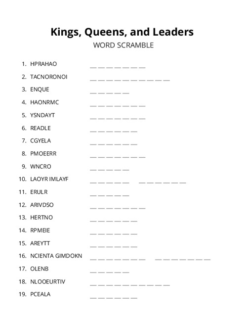 Kings, Queens, and Leaders Word Scramble Puzzle