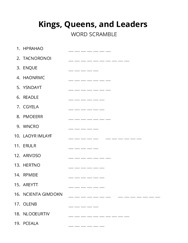 Kings, Queens, and Leaders word scramble puzzle