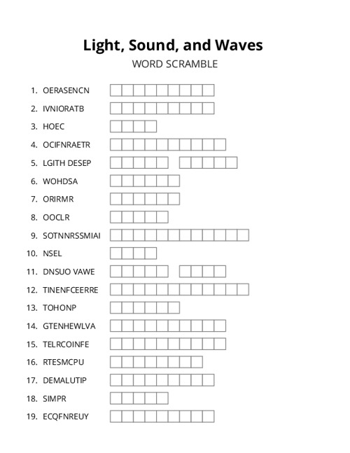 Light, Sound, and Waves Word Scramble Puzzle