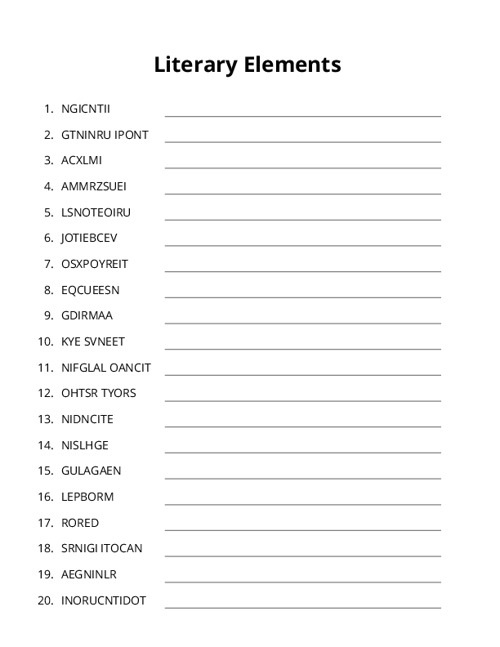 Literary Elements Word Scramble Puzzle