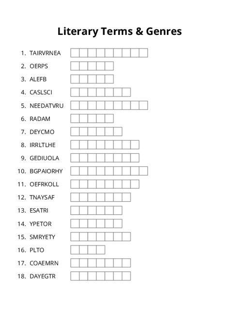 Literary Terms & Genres Word Scramble Puzzle