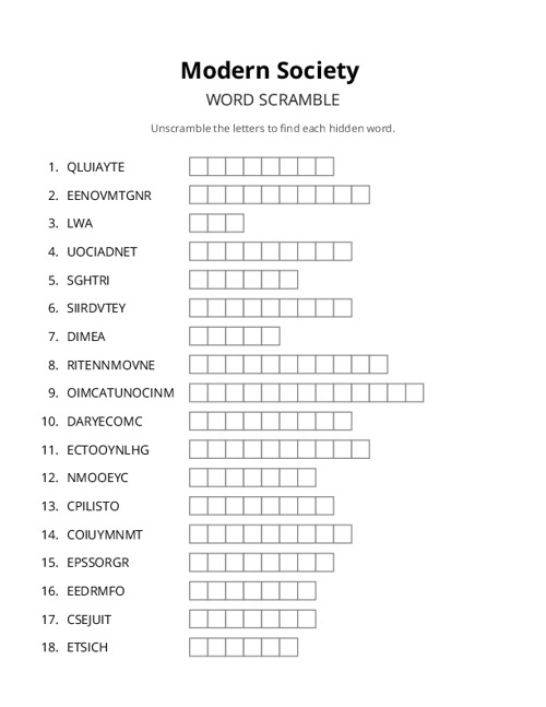 Modern Society Word Scramble Puzzle