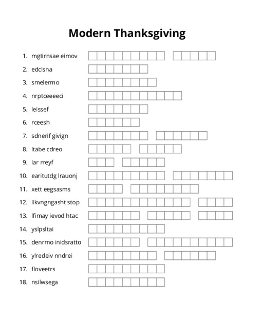 Modern Thanksgiving Word Scramble Puzzle