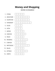 Money and Shopping word scramble puzzle