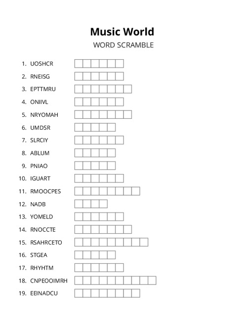 Music World Word Scramble Puzzle