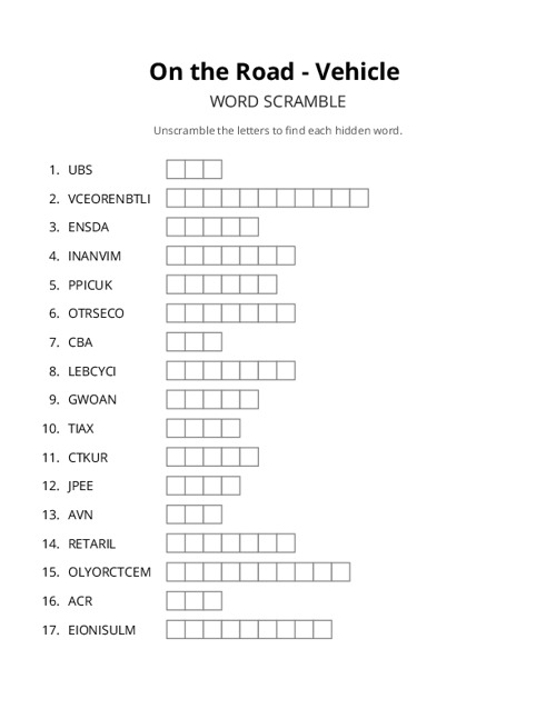 On the Road - Vehicle Word Scramble Puzzle