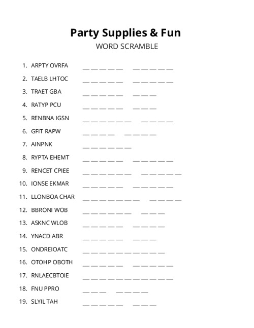 Party Supplies & Fun Word Scramble Puzzle