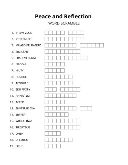 Peace and Reflection Word Scramble Puzzle