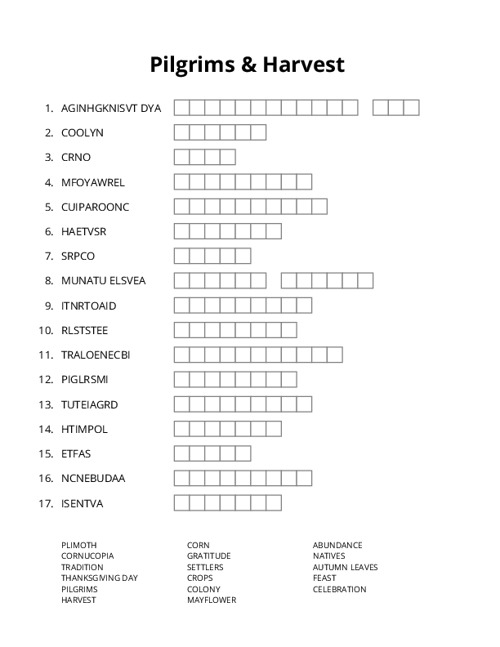 Pilgrims & Harvest Word Scramble Puzzle