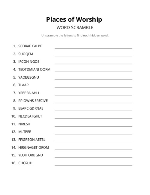 Places of Worship Word Scramble Puzzle