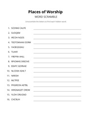 Places of Worship word scramble puzzle
