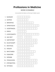 Professions in Medicine word scramble puzzle