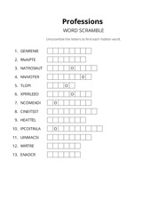 Professions word scramble puzzle