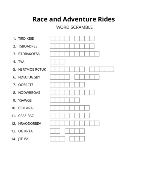 Race and Adventure Rides Word Scramble Puzzle