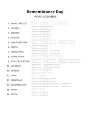 Remembrance Day word scramble puzzle