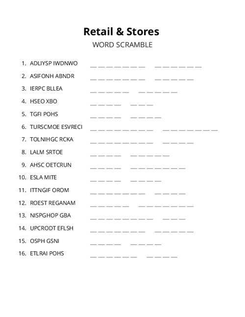 Retail & Stores Word Scramble Puzzle