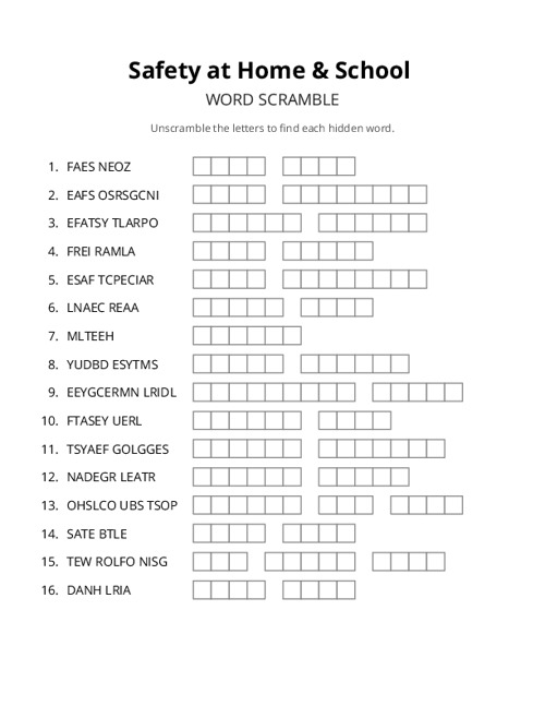 Safety at Home & School Word Scramble Puzzle